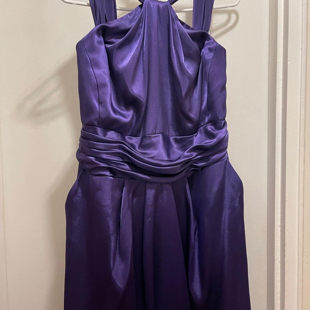 David's Bridal Rich Purple Satin Dress with Halter Neckline